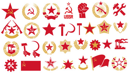 Communism and socialism vector icons set (gear, fist, star, hammer, sickle, USSR star, wreath of wheat, automatic rifle, factory, Soviet emblem) - obrazy, fototapety, plakaty