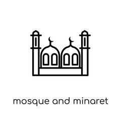 Mosque and Minaret icon. Trendy modern flat linear vector Mosque and Minaret icon on white background from thin line Religion collection