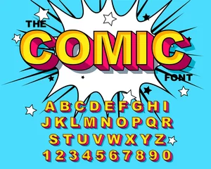 Muurstickers Pop art Komische alfabet. Retroroze. Letters, cijfers voor kinderillustraties,