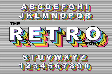 80 s retro alphabet font. Rainbow Vintage Alphabet vector 80 s, 90 s Old style graphic poster