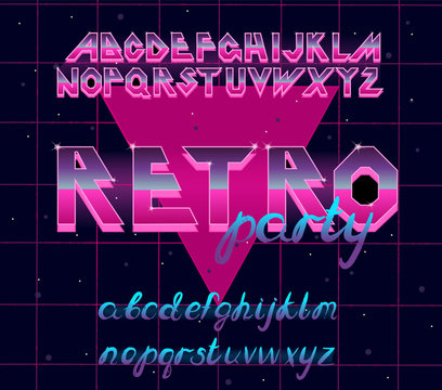 80 s retro alphabet font. Vector typography elements design