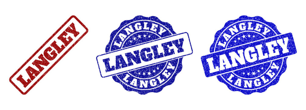 LANGLEY scratched stamp seals in red and blue colors. Vector LANGLEY signs with dirty effect. Graphic elements are rounded rectangles, rosettes, circles and text captions.