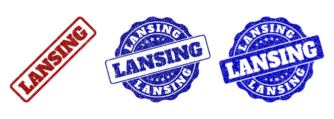 LANSING grunge stamp seals in red and blue colors. Vector LANSING watermarks with dirty surface. Graphic elements are rounded rectangles, rosettes, circles and text tags.