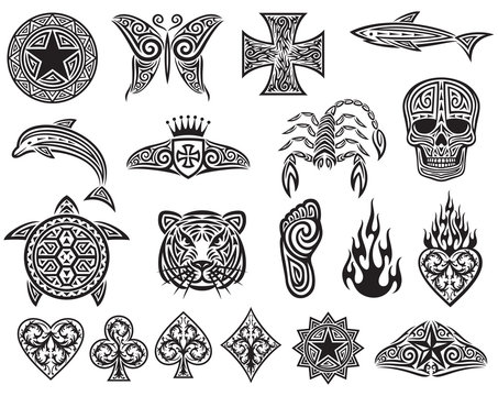tattoo tribal icons set (design elements - star, butterfly, cross, shark, dolphin, scorpion, skull, turtle, tiger, foot, fire, heart, playing cards symbols)