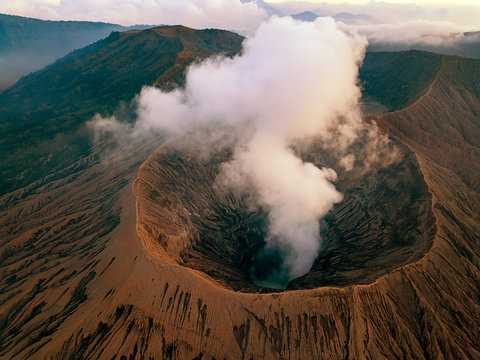 Aerial view over Mt Bromo, Bromo Tengger Semeru National Park in East Java, Indonesia