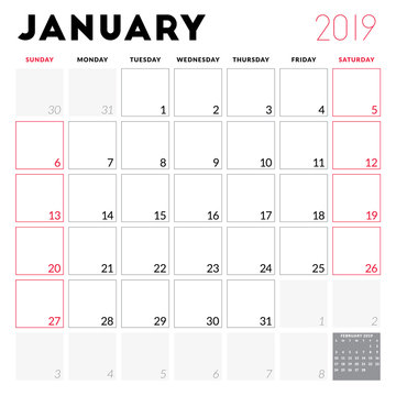 Calendar planner for January 2019. Week starts on Sunday. Printable vector stationery design template