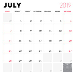 Calendar planner for July 2019. Week starts on Sunday. Printable vector stationery design template