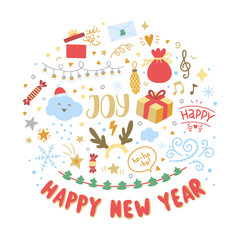 Fototapeta premium Merry Christmas and Happy new year vector illustrations. Doodle winter season graphic elements on white background