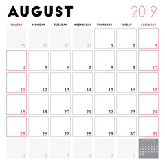 Calendar planner for August 2019. Week starts on Sunday. Printable vector stationery design template