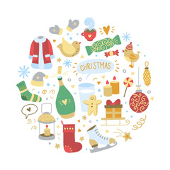 Christmas time vector concept on white background. Cute winter holidays graphic elements
