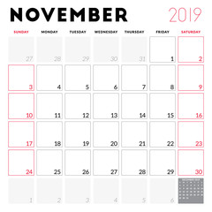 Calendar planner for November 2019. Week starts on Sunday. Printable vector stationery design template