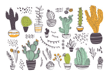 Vector collection of hand drawn different cactus shapes and abstract doodle elements isolated on white background. Trendy sketch style. Perfect for pattern, decor, card, packaging, banner, ads, print. © artflare