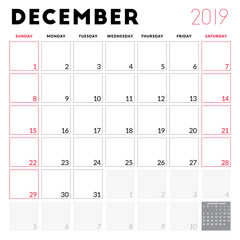 Calendar planner for December 2019. Week starts on Sunday. Printable vector stationery design template