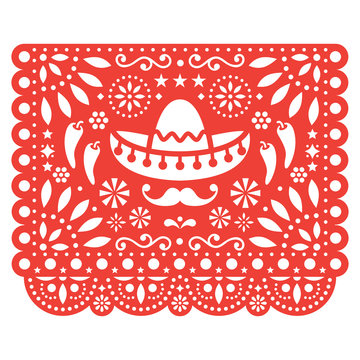 Papel Picado vector floral design with sombrero and chili peppers, Mexican  paper decorations template in orange, traditional fiesta banner Stock  Vector | Adobe Stock