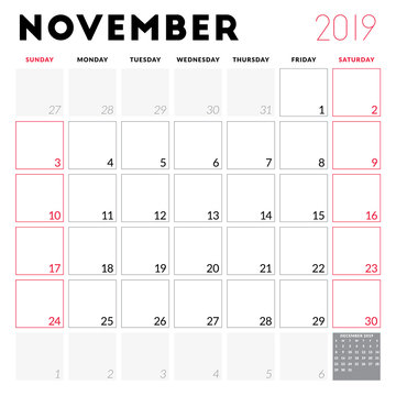 Calendar planner for November 2019. Week starts on Sunday. Printable vector stationery design template