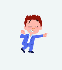 Businessman in casual style pointing to something funny on his left.