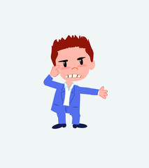 Businessman in casual style, is angry and points his head with his index finger.