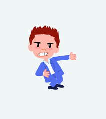 Businessman in casual style shows very angry something to his left.