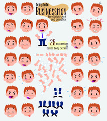 Businessman in casual style. Twenty eight expressions and basics body elements, template for design work and animation. Vector illustration to Isolated and funny cartoon character.