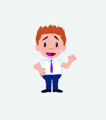 Businessman in casual style waving, happy.