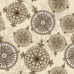 Fototapeta na wymiar Windrose. Design element of vintage nautical maps. Vector seamless pattern. Hand-drawn sketch