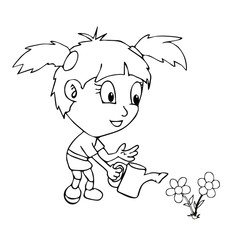 Girl watering flowers coloring page isolated