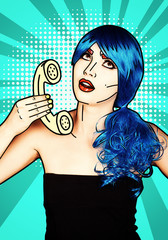 Portrait of young woman in comic pop art make-up style. Female in blue wig on blue background calls by phone