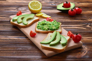 Avocado sandwich on a bread made with fresh sliced avocados from above