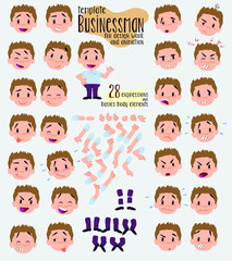 Businessman in casual style. Twenty eight expressions and basics body elements, template for design work and animation. Vector illustration to Isolated and funny cartoon character.