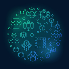 Blockchain technology round bright vector illustration in thin line style on dark background on dark background