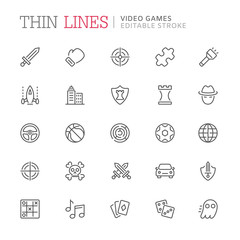 Video game genres related line icons. Editable stroke
