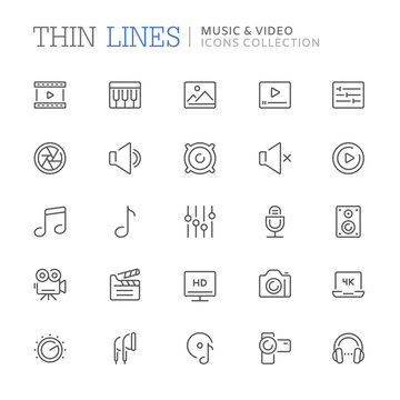 Collection of music and video related line icons