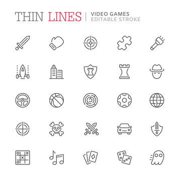 Video game genres related line icons. Editable stroke