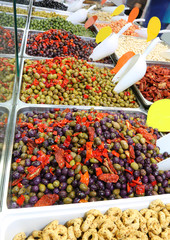 food stall typical of the Mediterranean areas with olives and pe