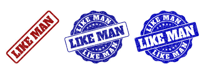 LIKE MAN scratched stamp seals in red and blue colors. Vector LIKE MAN signs with grainy surface. Graphic elements are rounded rectangles, rosettes, circles and text titles.