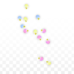 Vector Realistic Colorful Petals Falling on Transparent Background.  Spring Romantic Flowers Illustration. Flying Petals. Sakura Spa Design. Blossom Confetti. Design Elements for Wedding Decoration.