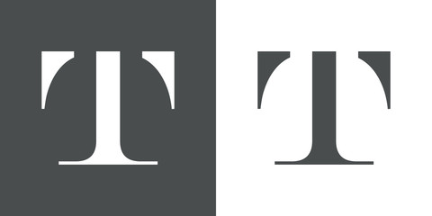 Icono plano letra T espacio negativo en gris y blanco