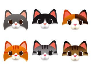 Vector set of cute different cat heads isolated on white background