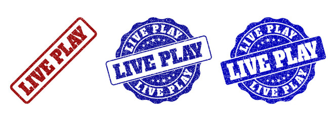 LIVE PLAY grunge stamp seals in red and blue colors. Vector LIVE PLAY labels with distress style. Graphic elements are rounded rectangles, rosettes, circles and text labels.