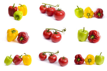 Tomatoes and sweet peppers on a white background. Red and yellow peppers on a white background. Tomatoes with colorful peppers in the composition.