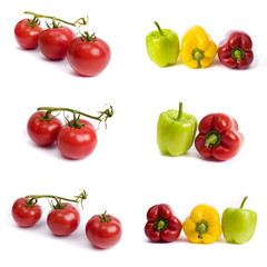 Tomatoes and sweet peppers on a white background. Red and yellow peppers on a white background. Tomatoes with colorful peppers in the composition.