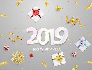 Fototapeta na wymiar 2019 Party Poster and Happy New Year background. template for greeting, winter holiday cards,