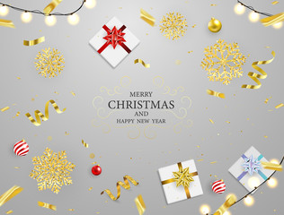 Fototapeta na wymiar Christmas Party Poster and Happy New Year background. template for greeting, winter holiday cards,