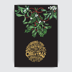 Invitation card for a Christmas party. Design template with xmas hand-drawn graphic illustrations. Greeting card with the New Year and Christmas holidays.