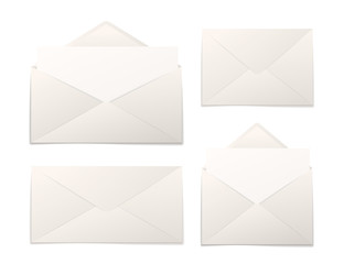 Set of realistic paper envelopes with sheets in different sizes on white
