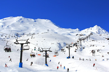 Many tourists using the cablecar for skiing , snowboarding on the beautiful winter snow Mountain...