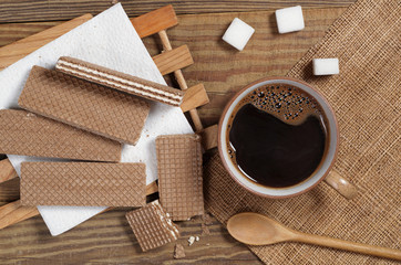 Chocolate waffles and cup of coffee