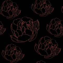 Seamless floral pattern with orange line silhouette tulip on black background.