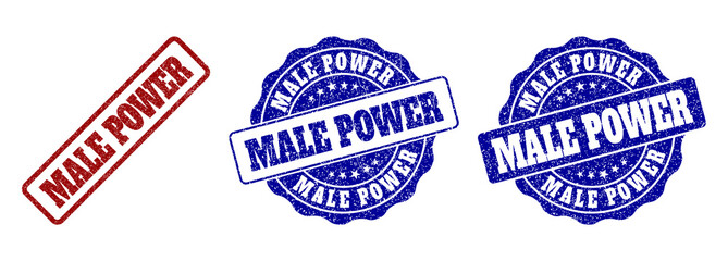 MALE POWER grunge stamp seals in red and blue colors. Vector MALE POWER overlays with grunge texture. Graphic elements are rounded rectangles, rosettes, circles and text titles.