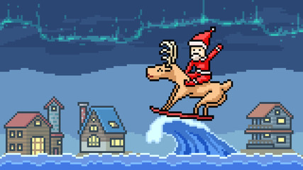 vector pixel art santa surf board